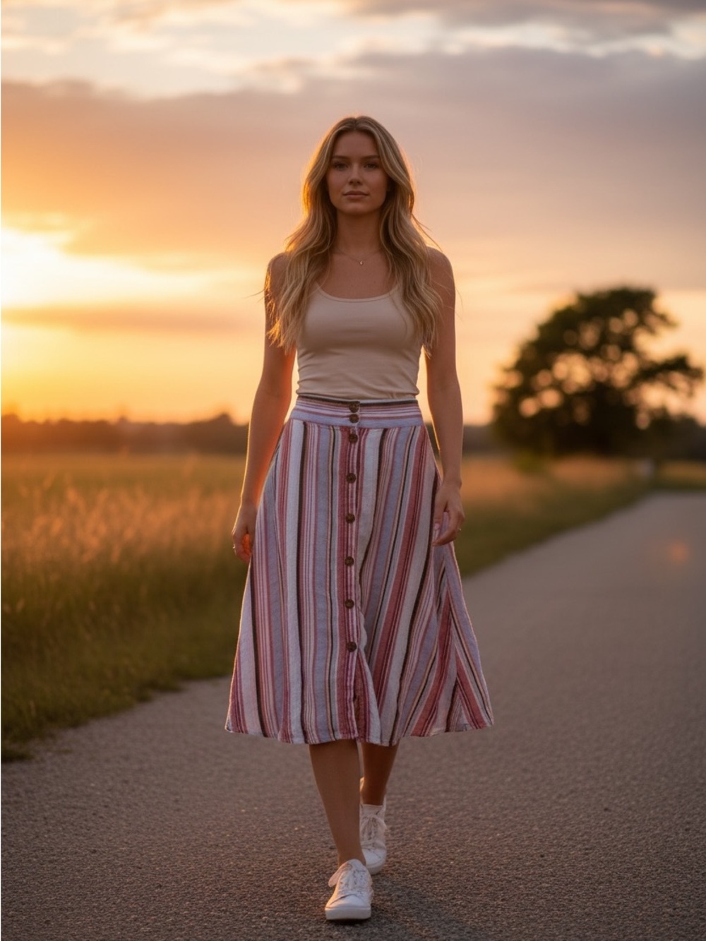 Striped Button-Front Midi Skirt in Multi-Stripe